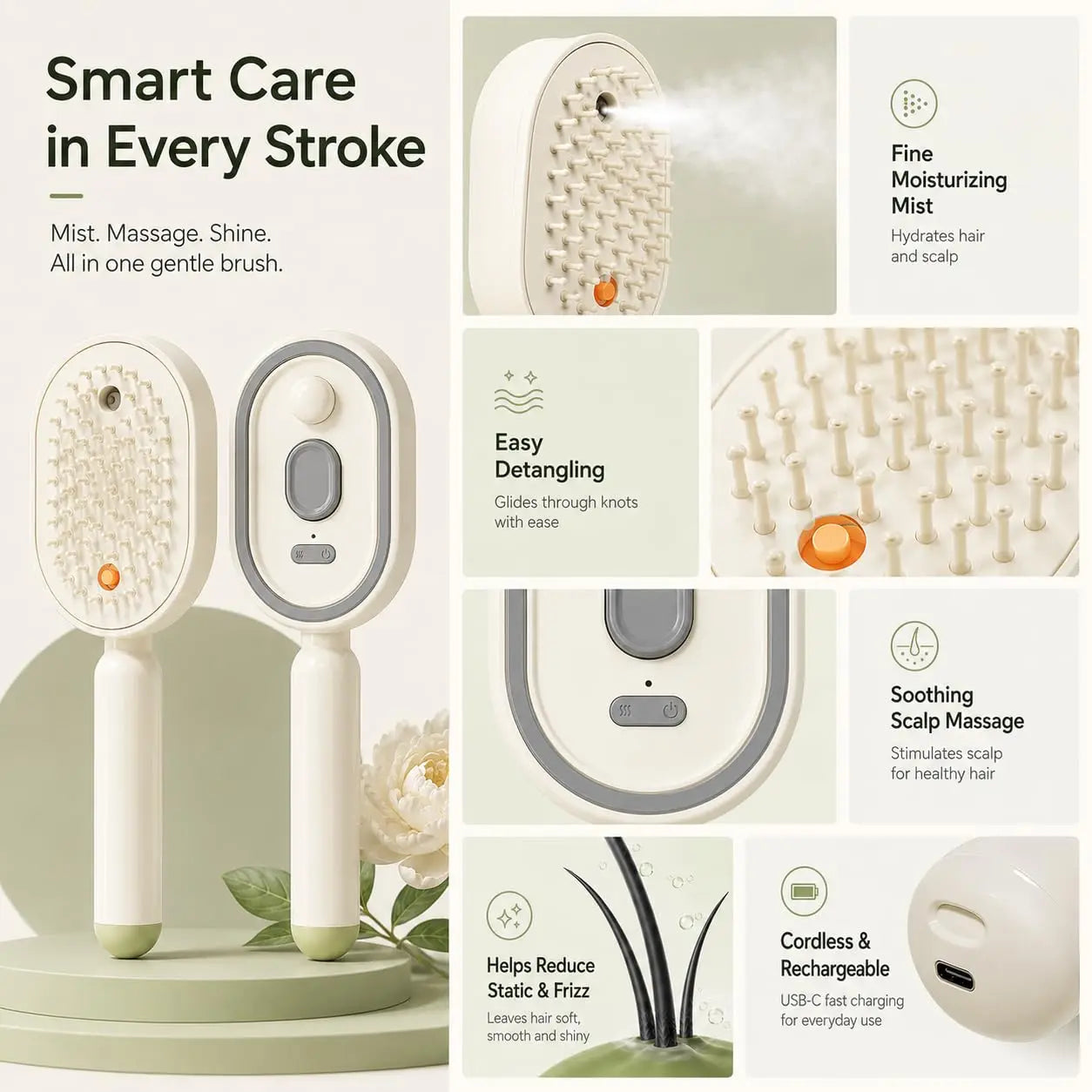 Easy-Clean Massage Hair Brush – Mist & Head Care